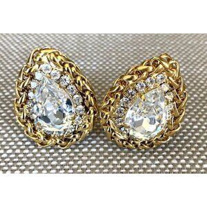 Vintage Large Faceted Crystal Gold Tone Moda Bijoux Clip Earrings.